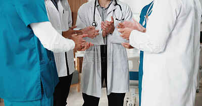 Buy stock photo Medical, team and hands in hospital with applause, breakthrough and good news in treatment plan. Healthcare, people and doctors with clapping, surgery success and positive feedback in post operation.