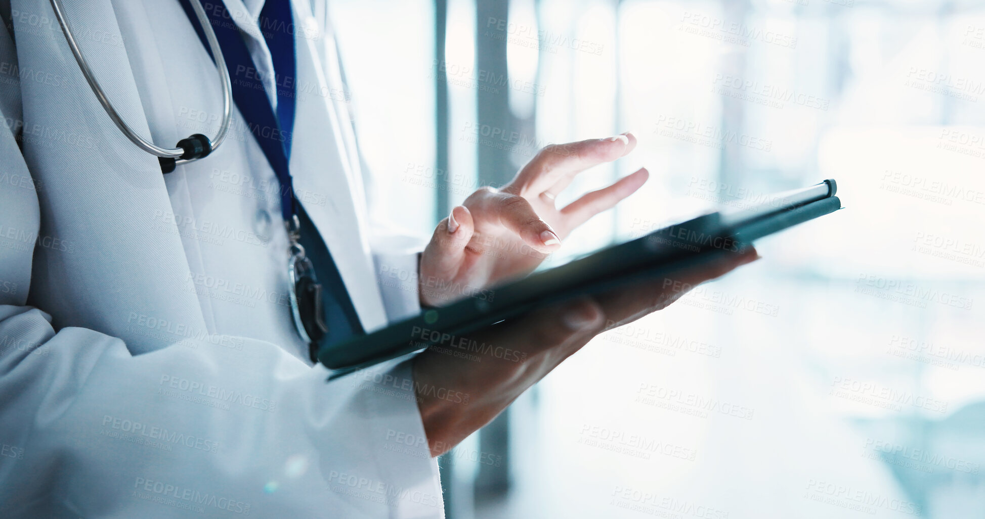 Buy stock photo Hands, doctor and person with tablet in hospital for insurance report, healthcare or scroll email. Technology, medical professional or review for results, typing or research information in clinic