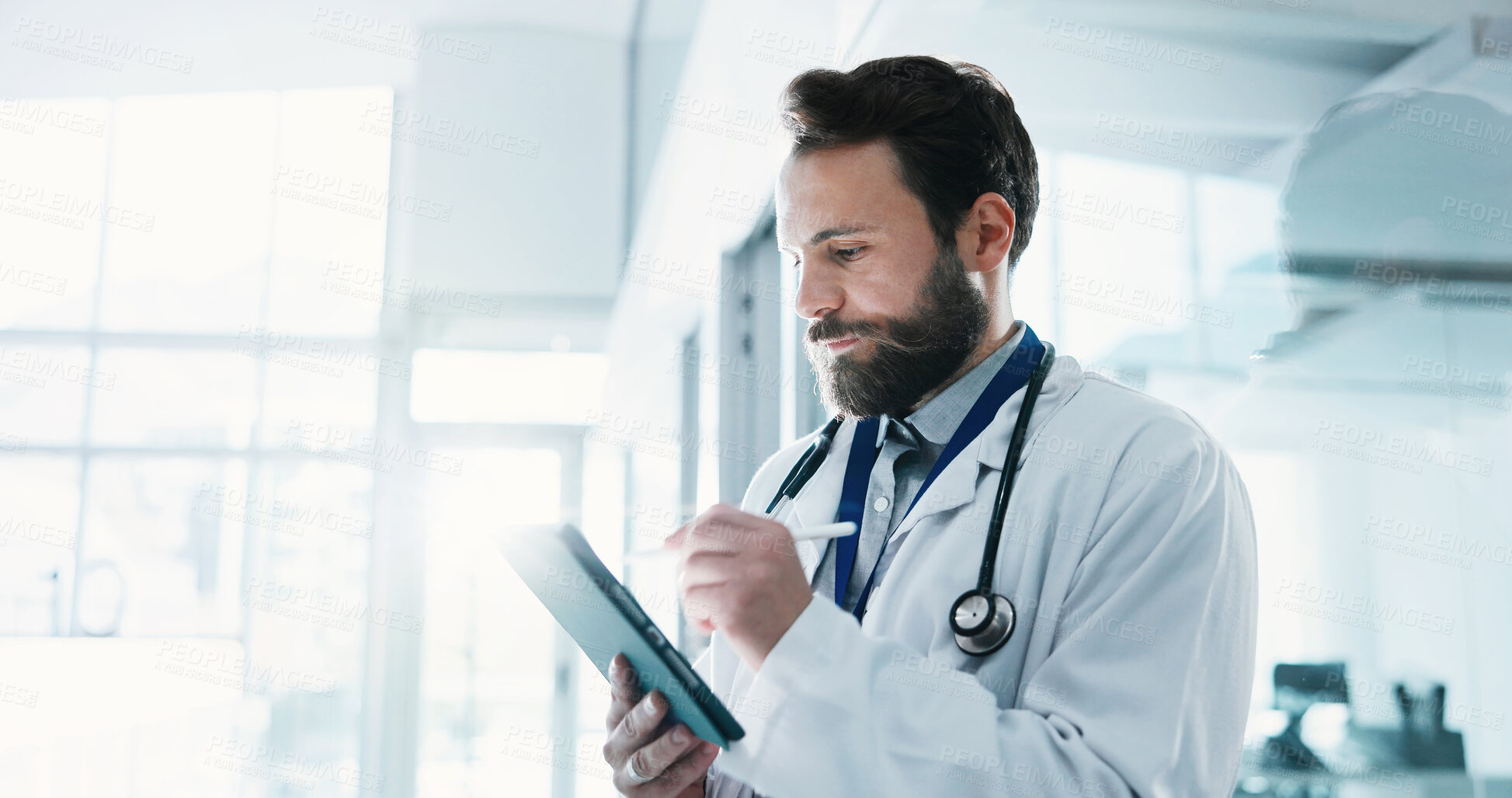 Buy stock photo Hospital, doctor and man with tablet for medical email, digital signature or review case study. Tech, pen and clinic professional with checklist for admin, healthcare app and assessment report