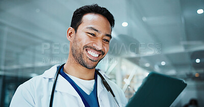Buy stock photo Smile, doctor and man with tablet in hospital for insurance report, healthcare or scroll email. Digital tech, medical professional or review for results, reading or research information in clinic