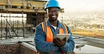 Construction, portrait or black man on site with tablet, contractor or about us in architecture. Happy, helmet or engineer with tech, building inspector or confidence in infrastructure development.