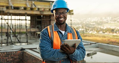 Buy stock photo Construction, portrait or black man on site with tablet, contractor or about us in architecture. Happy, helmet or engineer with tech, building inspector or confidence in infrastructure development.