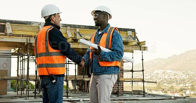 Buy stock photo Handshake, men and construction workers on site for deal on building, maintenance or repairs. Scaffolding, industry project and civil engineer shaking hands with contractor for renovation agreement.