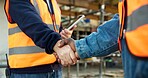 Handshake, men and construction workers on site for agreement on building, maintenance or repairs. Scaffolding, industry project and civil engineer shaking hands with contractor for renovation deal.