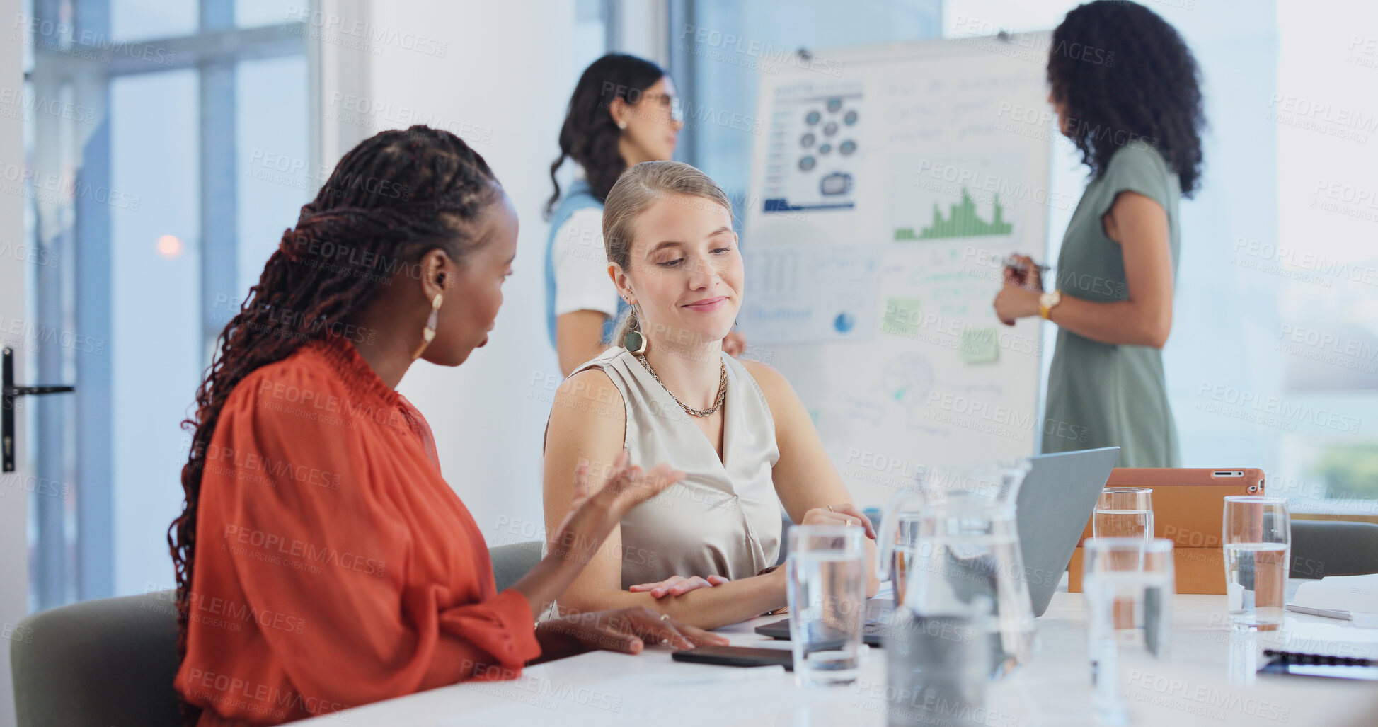Buy stock photo Business, women or meeting with laptop for statistics, analytics or performance review in office. Female people, employees or colleagues with graph, chart or computer for company revenue in workplace