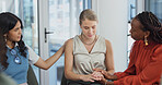Sad, woman or counseling with team in support group for business trust, help or therapy. Emotional, female person or sadness with colleagues or comfort for session, understanding or empathy in office