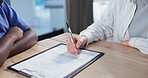 Nurse, hands and old woman sign with clipboard, health insurance application and assistance in home. Caregiver, senior person and signature in house with medical aid policy, paperwork or registration