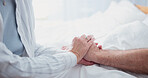 Senior, couple or holding hands with love in bed for comfort, understanding or empathy in home. Elderly, man and woman with touch or sympathy for healthcare, medical help or compassion in house