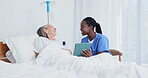 Old woman, nurse and happy with tablet at hospital bed for healing, discharge news or test results. Senior patient, health worker and tech in geriatric ward for surgery recovery, hope or release info