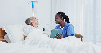 Buy stock photo Old woman, nurse and happy with tablet at hospital bed for healing, discharge news or test results. Senior patient, health worker and tech in geriatric ward for surgery recovery, hope or release info