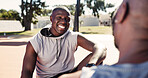 Man, smile and friends in park with fitness, exercise break and relax for bonding together on weekend. Happy, black people and workout rest outdoor in neighborhood with hangout, vitality or wellness.