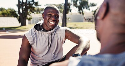 Buy stock photo Man, smile and friends in park with fitness, exercise break and relax for bonding together on weekend. Happy, black people and workout rest outdoor in neighborhood with hangout, vitality or wellness.