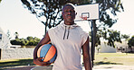 Portrait, black man and ball at park for basketball, practice match and weekend hobby for contest. Athlete, male person or serious on court for fitness, sports training and ready for competition game