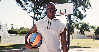 Buy stock photo Portrait, black man and ball at park for basketball, practice match and weekend hobby for contest. Athlete, male person or serious on court for fitness, sports training and ready for competition game