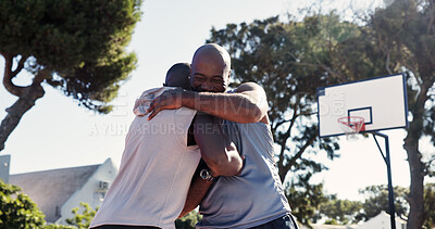 Buy stock photo Happy, man and hug at basketball court with friends, bonding together or support for workout on weekend. Black people, smile and embrace outdoor in neighborhood for sports game, exercise and fitness.