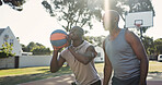 Athlete, black people and ball on court for basketball, practice shooting and technique for match. Man, coach and players in nature for fitness, sports training and jump shot for friendly competition