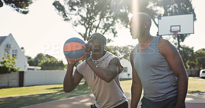 Buy stock photo Athlete, black people and ball on court for basketball, practice shooting and technique for match. Man, coach and players in nature for fitness, sports training and jump shot for friendly competition