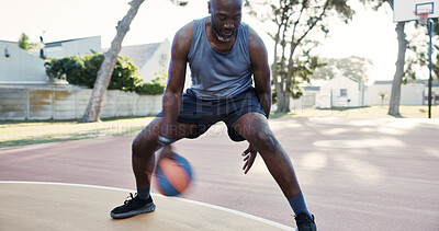 Buy stock photo Athlete, black man and ball on court for basketball, practice shooting and technique for match. Motion blur, mature person and dribble at park for fitness, training and sports skills for competition