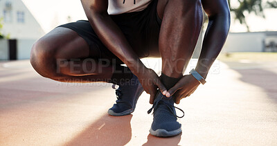 Buy stock photo Fitness, strain or hands outdoor with ankle pain, hurt joint or cardio ache in sports injury. Discomfort, athlete or man with calf cramp, training accident or muscle tension in workout activity.