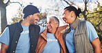 Volunteer, people and happiness for unity outdoor, support and charity together in nature. Team building, laughing and group with community service for outreach, mission and social responsibility
