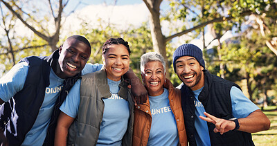 Buy stock photo Volunteer, people and portrait with happiness outdoor, support and charity together in nature. Team, smile and group with community service for outreach, peace sign and social responsibility mission