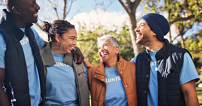 Buy stock photo Volunteer, people and NGO with happiness outdoor, support and charity together in nature. Team, laughing and group diversity with community service for outreach, mission and social responsibility