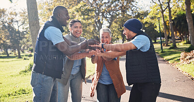 Buy stock photo Volunteer, happy people and hands together for unity outdoor, support and charity for outreach. Team building, excited and group stack with community service, mission or social responsibility in park