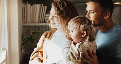 Buy stock photo Window, smile and family in home for bonding together, connection and support with baby child. Mother, father and toddler in house with care, love and view with happy parents on weekend break