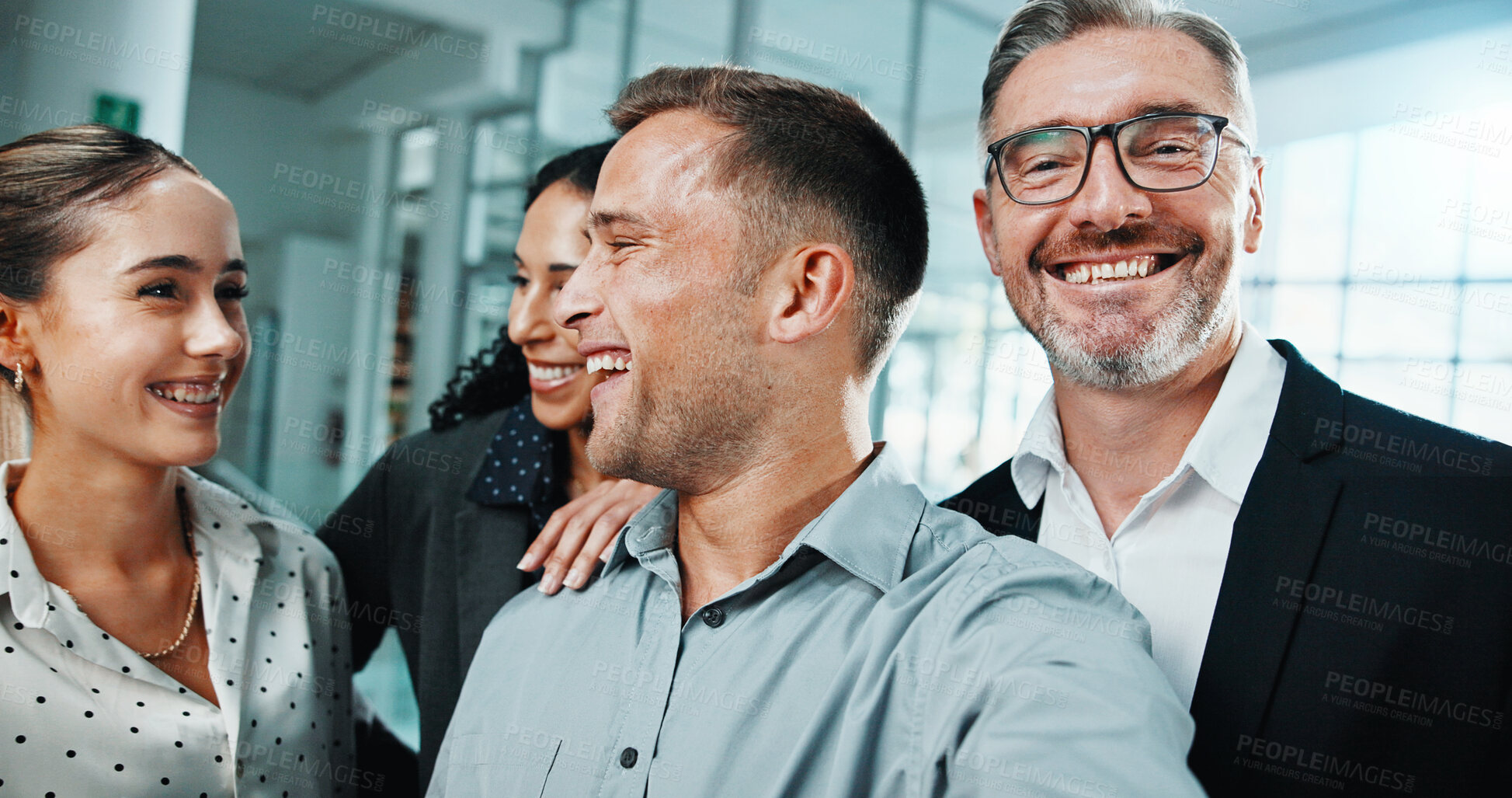 Buy stock photo Smile, business and people in office with selfie, photography and social media post for teamwork. Portrait, staff and capture moment in workplace for unity, corporate blog and profile picture update