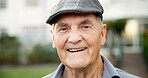 Wellness, happy and elderly man with portrait, outdoor break and positive attitude with fresh air. Wellbeing, space and old person with confidence, backyard unwind and good mood in retirement.