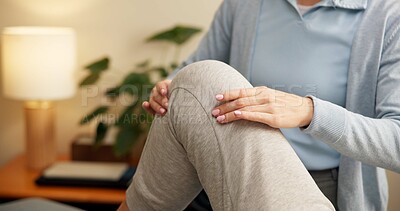 Buy stock photo Physiotherapy, knee exam and hands in center for health, mobility test and aid in rehabilitation. People, patient and chiropractor with checkup, joint assessment or leg stretching in muscle recovery.