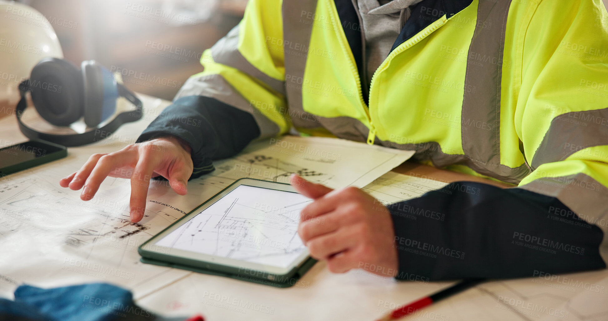 Buy stock photo Person, hands or architect with tablet for construction planning, building design or structure. Builder, contractor or civil engineer with technology, screen or blueprint for architecture project