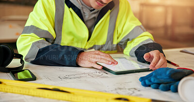 Buy stock photo Man, hands or civil engineer with tablet for construction planning, building design or structure. Male person, contractor or architect with technology or blueprint for architecture project or layout