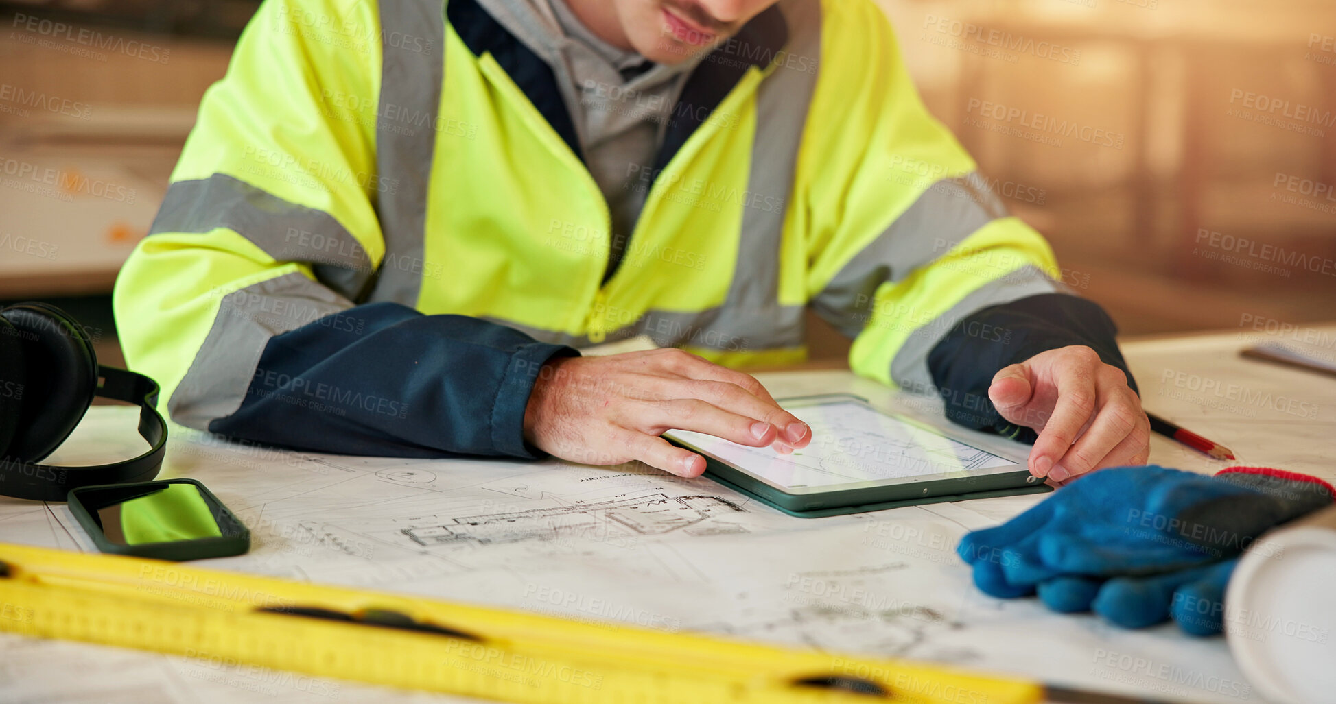 Buy stock photo Man, hands or civil engineer with tablet for construction planning, building design or structure. Male person, contractor or architect with technology or blueprint for architecture project or layout
