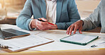 Construction, hands and tablet with people in workshop together for meeting or project management. App, collaboration and planning with manager team in factory for building or development discussion