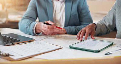 Buy stock photo Construction, hands and tablet with people in workshop together for meeting or project management. App, collaboration and planning with manager team in factory for building or development discussion