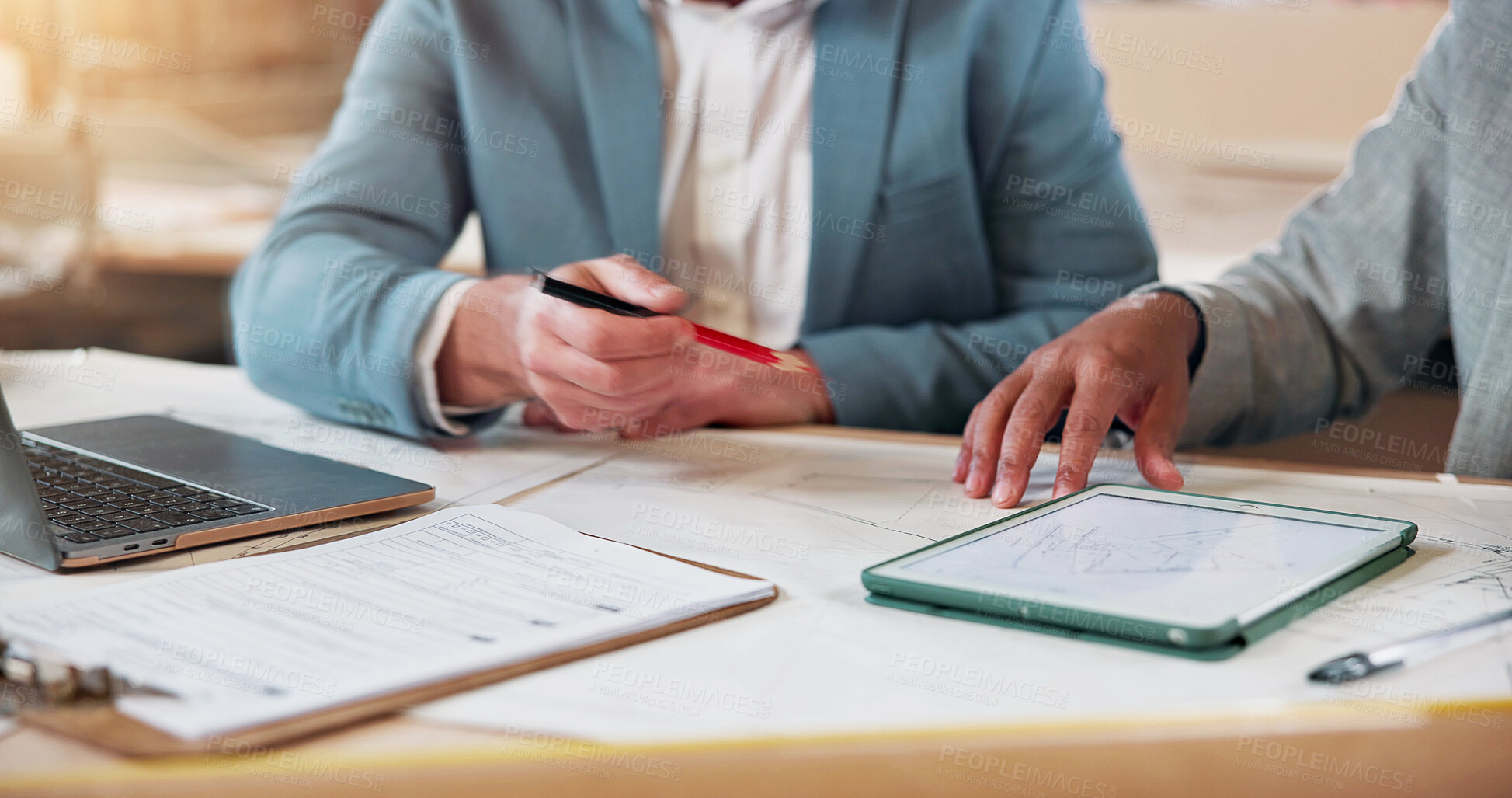 Buy stock photo Construction, hands and tablet with people in workshop together for meeting or project management. App, collaboration and planning with manager team in factory for building or development discussion