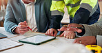 People, architect or hands with tablet for construction planning, building design or ideas together. Group, contractor or civil engineer team with technology for floor layout or architecture project