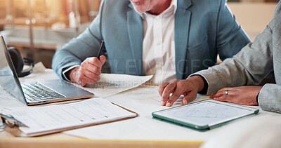 Buy stock photo Construction, hands and technology with people in workshop together for meeting or project management. Laptop, planning and tablet with manager team in factory for building or development discussion
