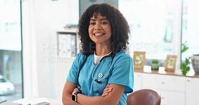 Buy stock photo Healthcare, happy woman and nurse in clinic with confidence, about us and career pride. Portrait, female person and medical professional with arms folded for ambition, wellness and smile in hospital