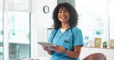 Buy stock photo Healthcare, happy woman and portrait of nurse with tablet, insurance info or admin records in clinic. Hospital, female person and medical professional with tech for research, telehealth and smile