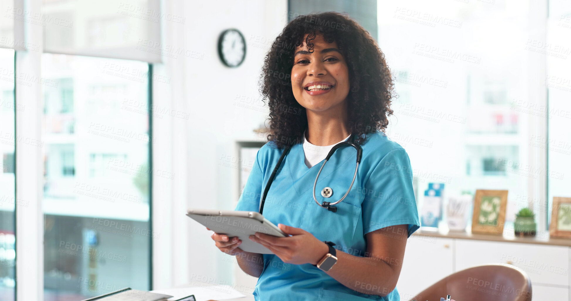 Buy stock photo Healthcare, happy woman and portrait of nurse with tablet, insurance info or admin records in clinic. Hospital, female person and medical professional with tech for research, telehealth and smile