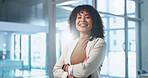 Crossed arms, happy and portrait of businesswoman in office with confidence for finance career. Smile, professional and financial manager with pride for job opportunity, about us or positive attitude