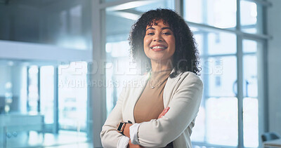 Buy stock photo Crossed arms, happy and portrait of businesswoman in office with confidence for finance career. Smile, professional and financial manager with pride for job opportunity, about us or positive attitude