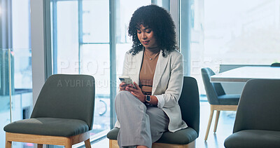 Buy stock photo Hiring, waiting room and woman with phone for interview email, check resume or communication. Chair, recruitment and person with mobile in workplace for hr, job search and text for career opportunity