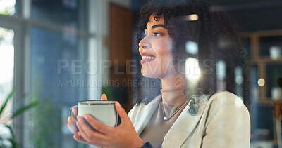 Buy stock photo Thinking, window and businesswoman with coffee in office for ideas, reflection or choice on legal case. Happy, cappuccino and attorney in workplace with decision, planning or solution on law project.
