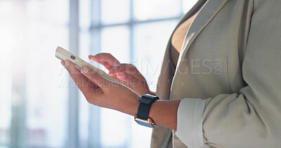Buy stock photo Phone, typing and hands of woman in office with email, update or feedback on finance report. Connectivity, technology and financial advisor with cellphone for texting on investment growth project.