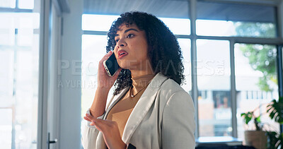 Buy stock photo Talking, woman and phone call in office for business negotiation, real estate listing or update. Mobile, person and conversation with contact for property development deal, communication or sale