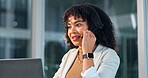 Call center, laptop and woman in office with headset, contact us or telecom advice in night service. CRM, space and agent with microphone, online assistance and client support in late evening.