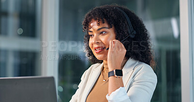 Buy stock photo Call center, laptop and woman in office with headset, contact us or telecom advice in night service. CRM, space and agent with microphone, online assistance and client support in late evening.